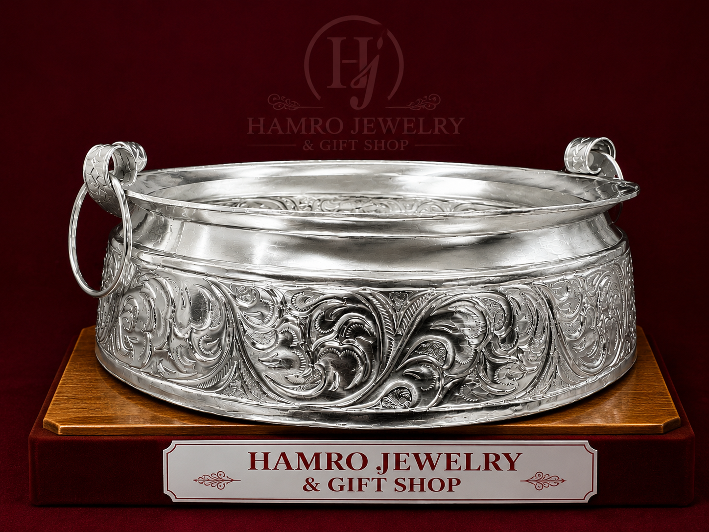 Engraved Silver Bowl — Ring Handles