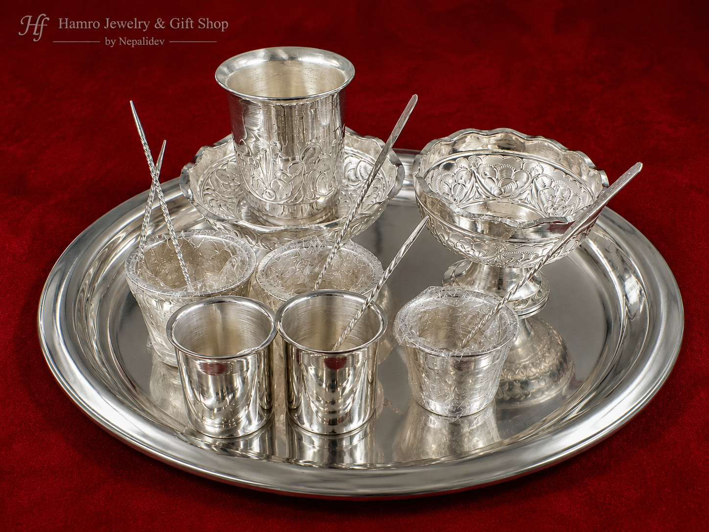 Silver Puja Set — Tray, Cups, Bowls & Spoons